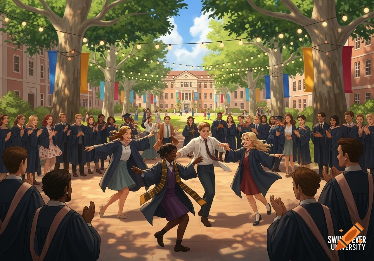 Stylized illustration of university students in graduation robes dancing and celebrating outdoors on a campus quad decorated with string lights.