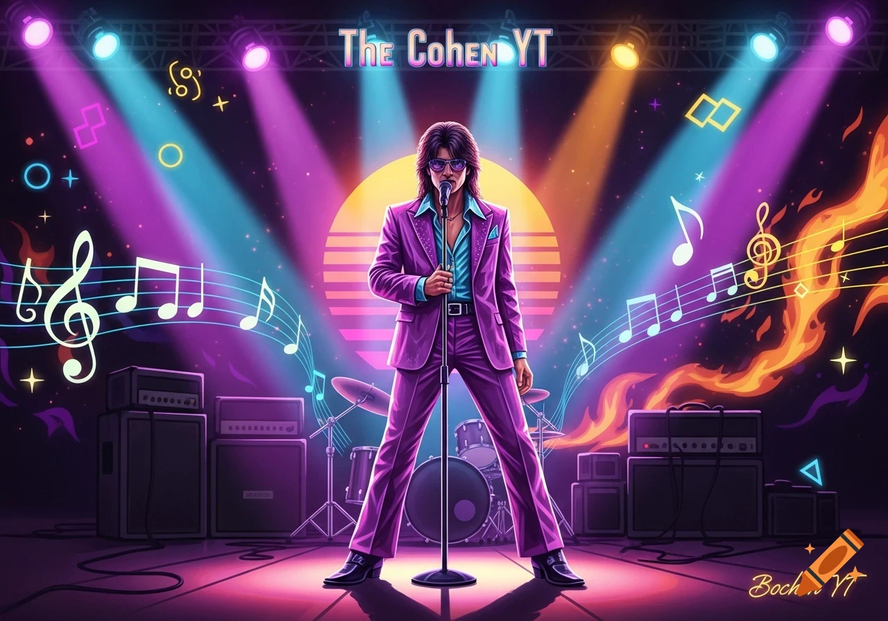 A musician in a purple suit and sunglasses stands on stage under vibrant spotlights, holding a microphone. Musical notes float in the air, with a retro sunset in the background. The text "The Cohen YT" is at the top, and "Bochen YT" is at the bottom right.