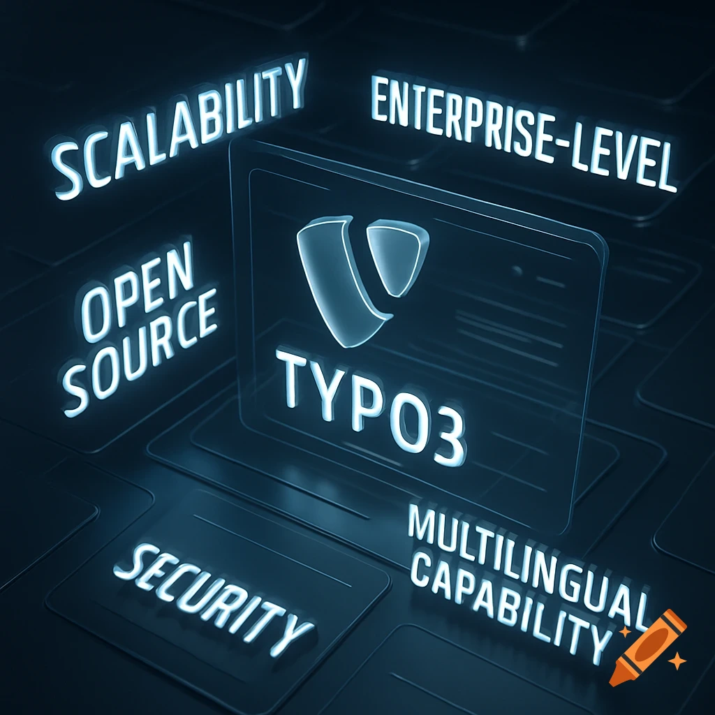 A glowing 3D depiction of the TYPO3 logo and text, surrounded by keywords like Scalability, Open Source, Security.