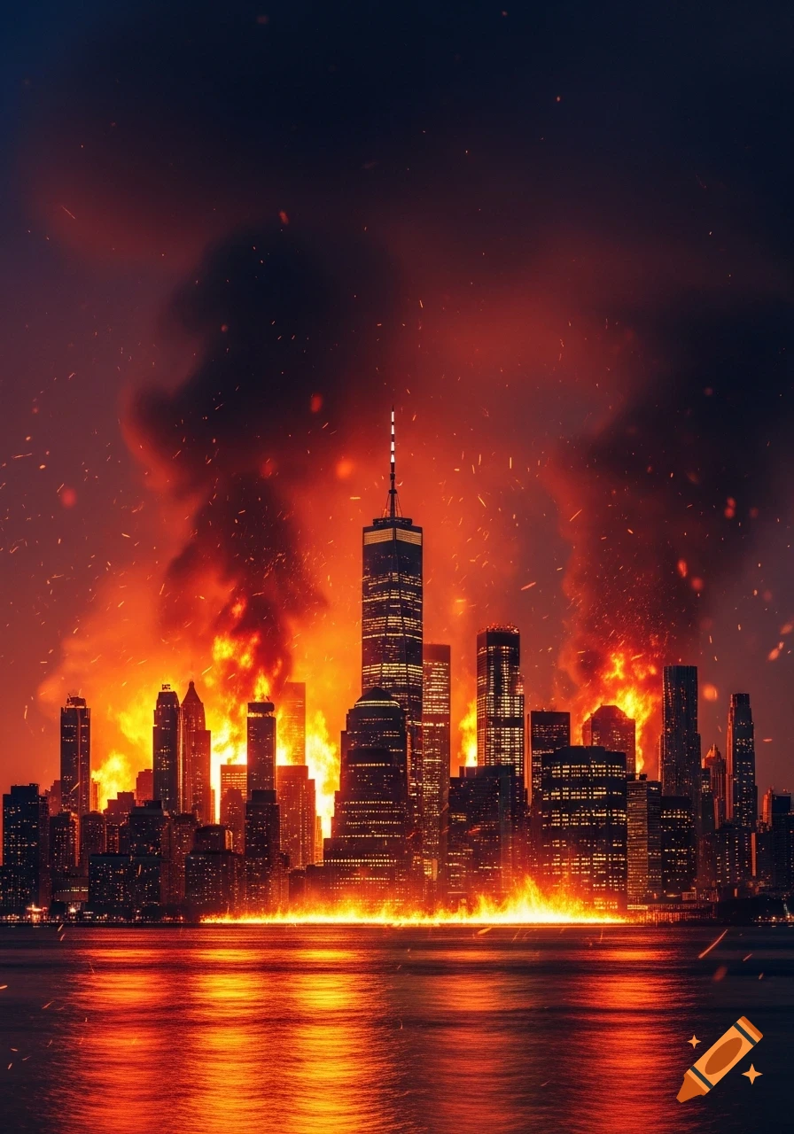 New York City skyline on fire, with bright orange flames reflecting in the water below a dark, smoky sky.