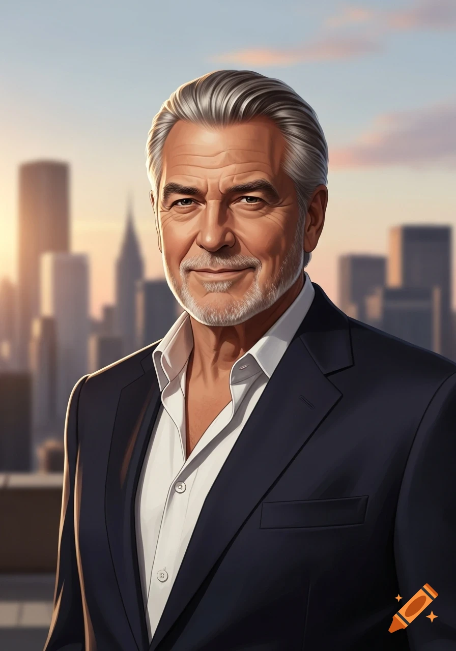 Stylized portrait of a smiling older man with gray hair and beard in a suit, against a blurred cityscape at sunset.