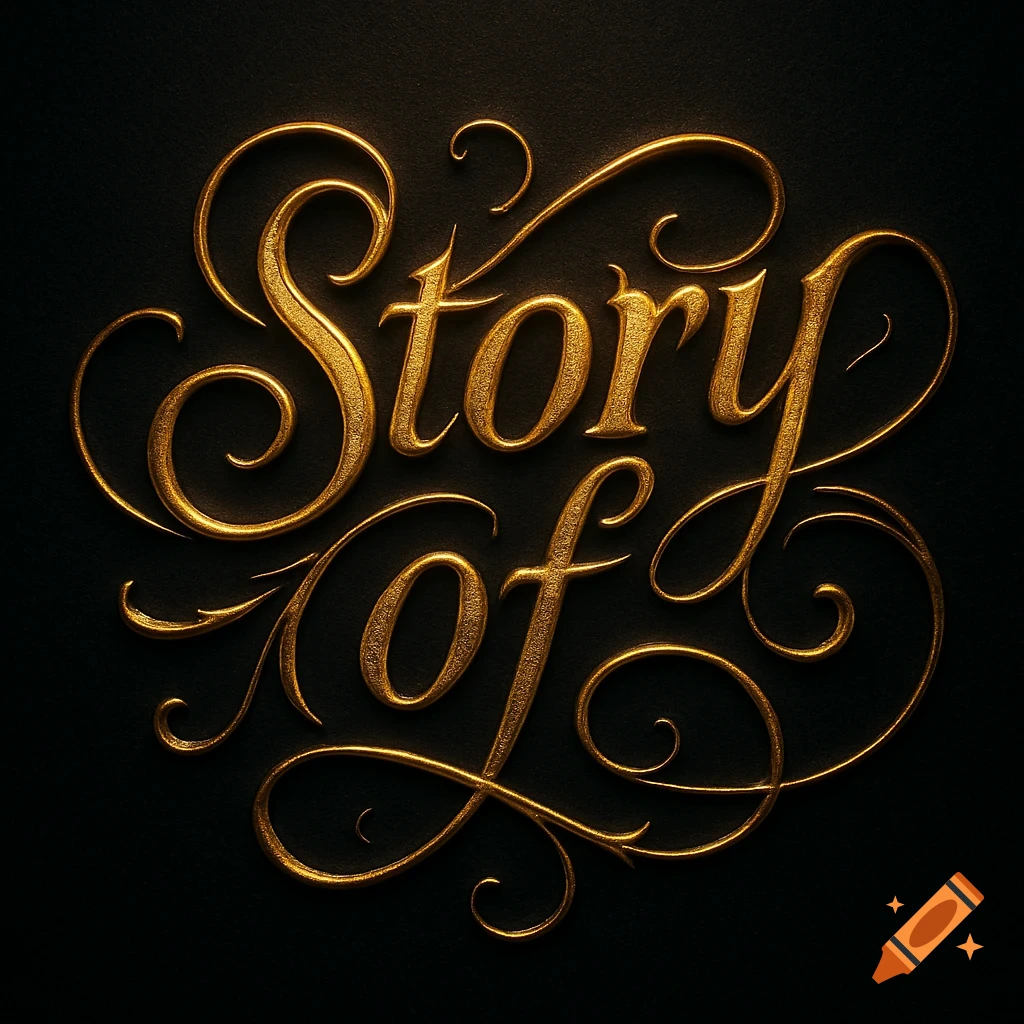 Elegant golden ornate text spelling 'Story of' with decorative flourishes on a dark background.