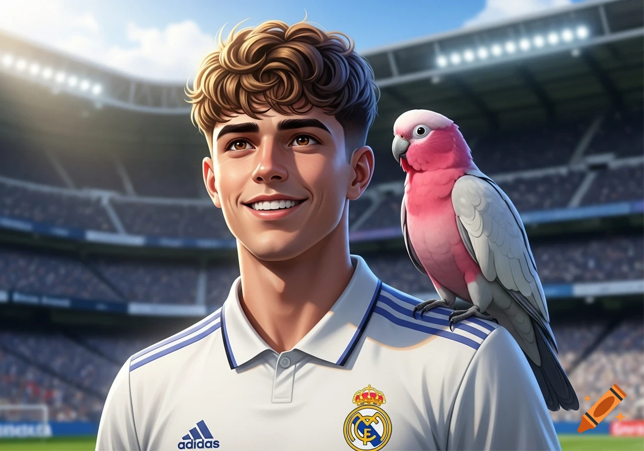 A smiling young man in a Real Madrid jersey with a pink and gray galah parrot on his shoulder, inside a sunlit football stadium, in a stylized, smooth art style.