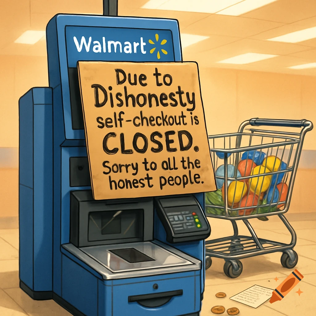 A cartoon illustration of a closed Walmart self-checkout machine with a sign reading 'Due to Dishonesty self-checkout is CLOSED. Sorry to all the honest people'.