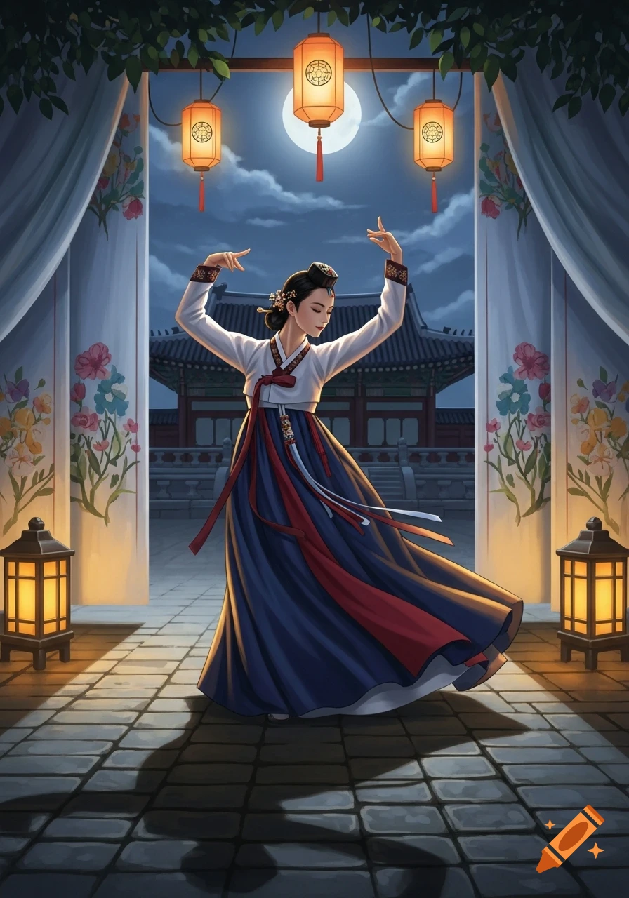 A woman in a white and blue traditional Korean hanbok dances under a full moon and orange lanterns in a temple courtyard at night, illustrative style.