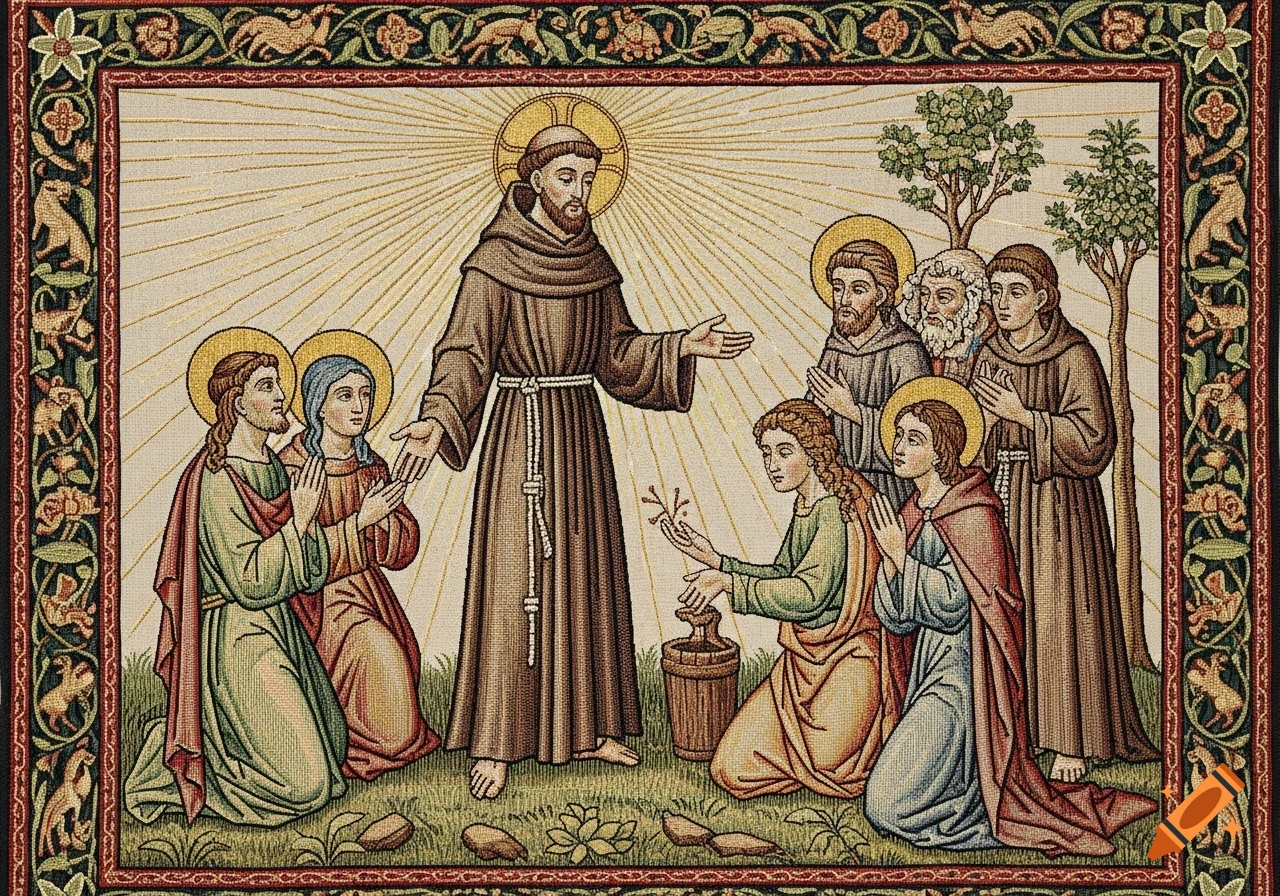 A tapestry-style depiction of Saint Francis of Assisi with outstretched hands, surrounded by several people, some kneeling, on a grassy field with a decorative border.