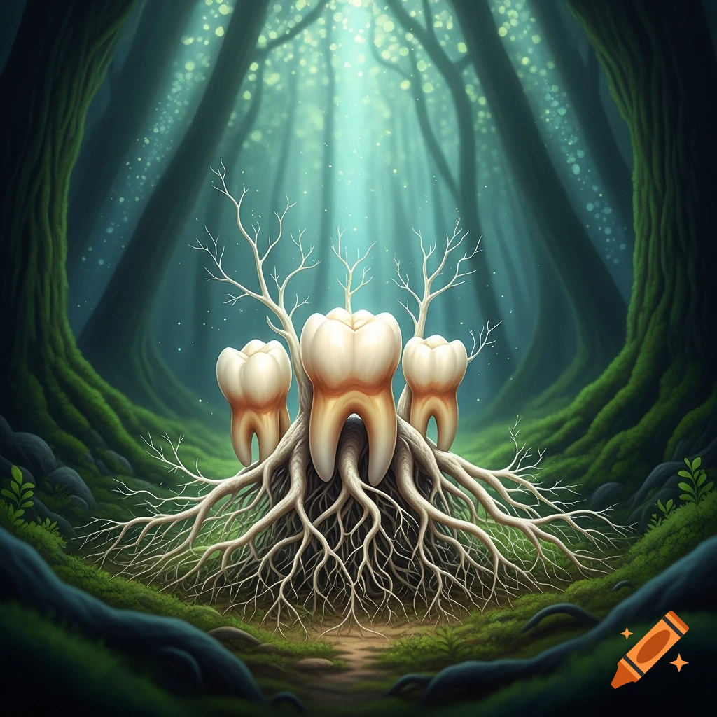 Three large wisdom teeth with exposed roots resembling trees, growing in a mystical, lush green forest with light rays.