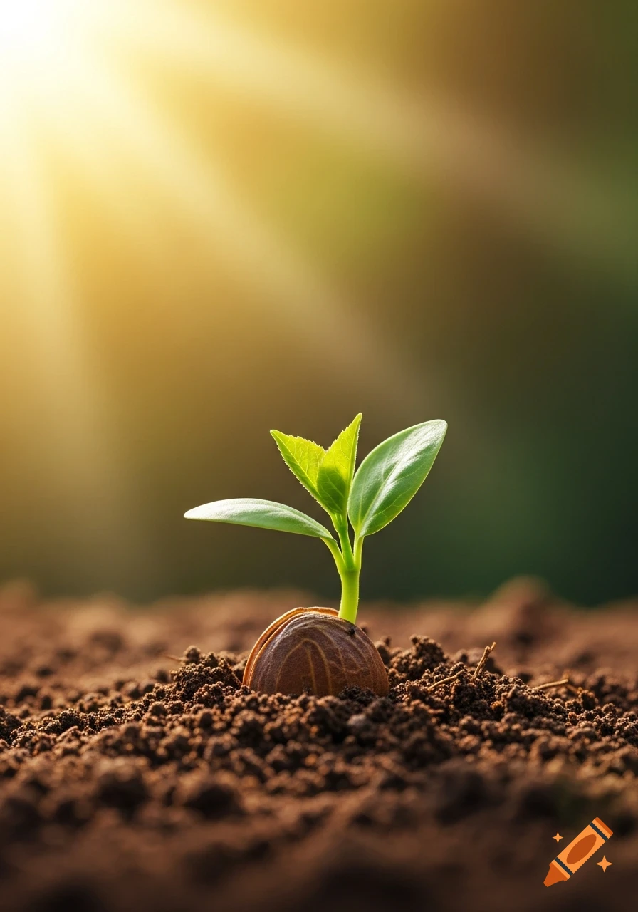 A vibrant green seedling emerges from rich brown soil, illuminated by warm golden sunlight from above. Photorealistic style.