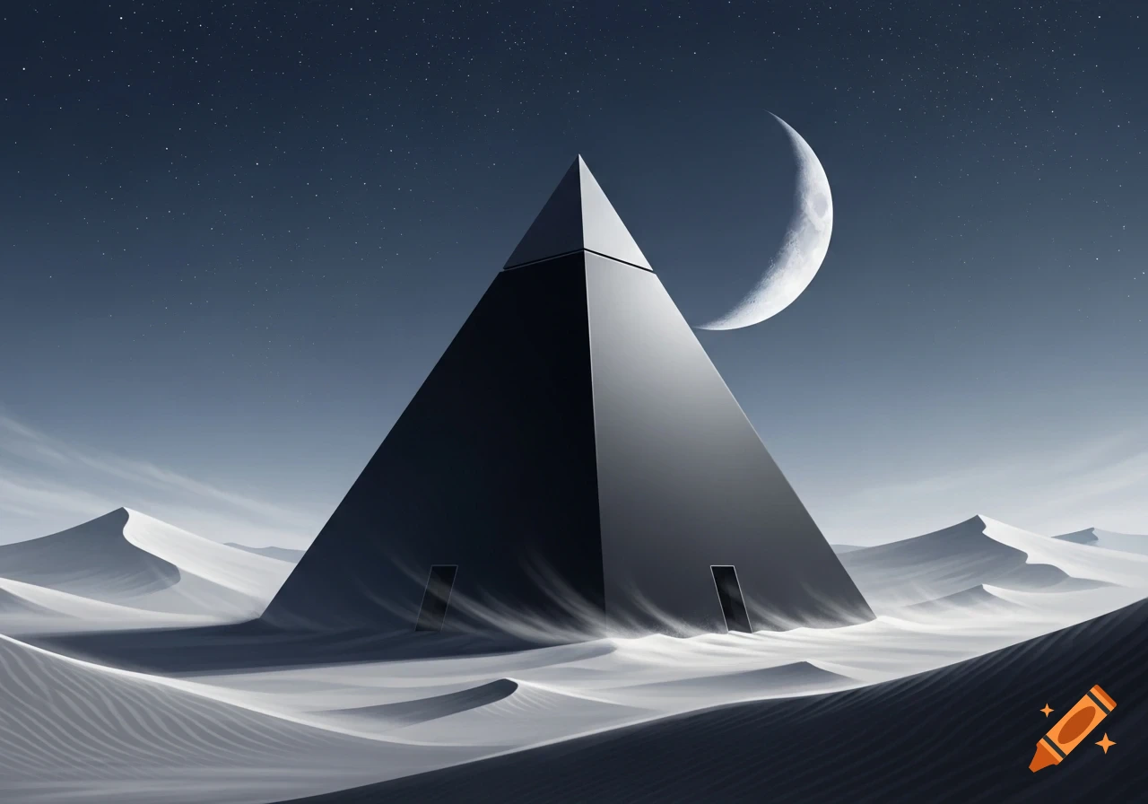 A stark black pyramid stands centered in a desolate, white-sanded desert under a dark, starry night sky with a bright crescent moon.
