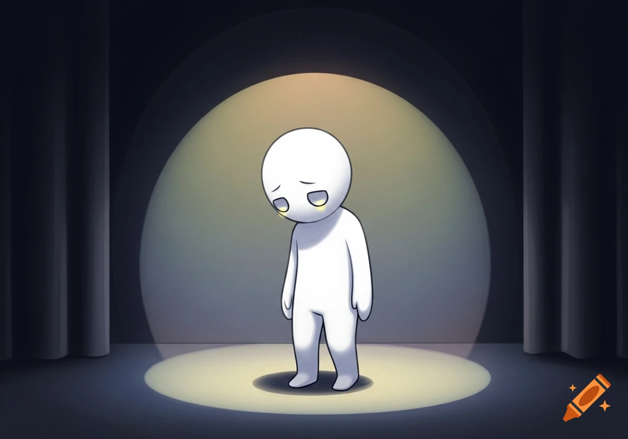 A minimalist white figure with a slouched posture and glowing yellow tears stands alone under a warm spotlight on a dark stage.