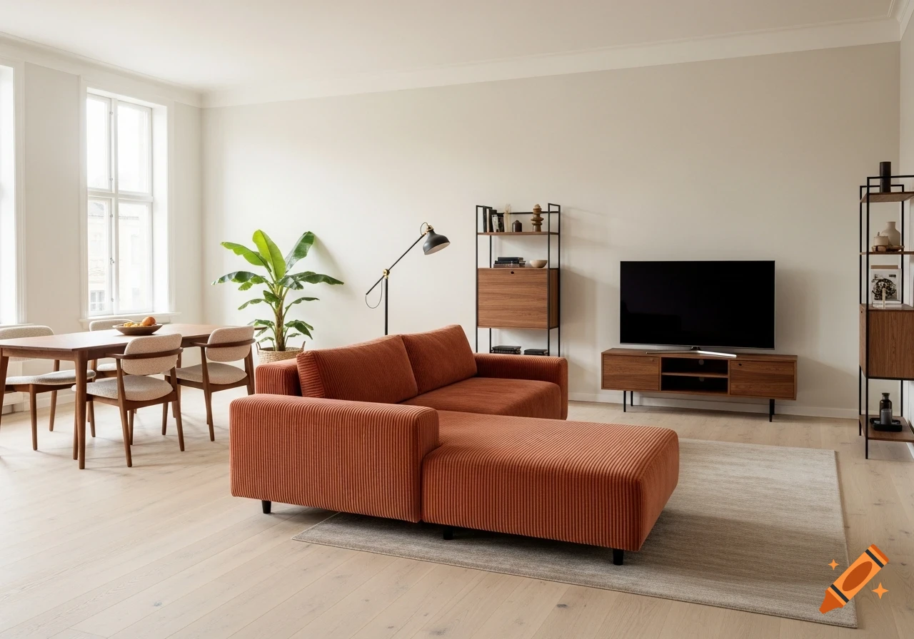 Photorealistic interior of a minimalist Scandinavian open-plan living and dining room with a terracotta ribbed sofa, wooden furniture, and light wood floors.
