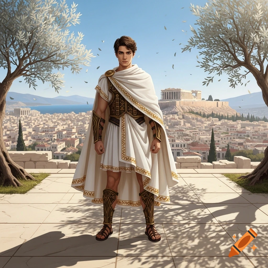 Young man in white and gold ancient Greek attire stands on a patio overlooking an ancient city with the Parthenon, flanked by olive trees.