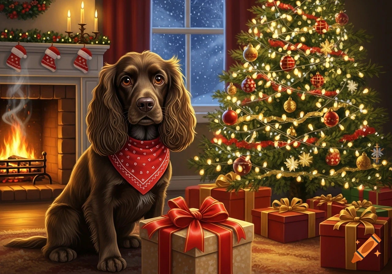 A brown Cocker Spaniel wearing a red bandana sits among Christmas presents in a festive room with a decorated tree and fireplace.