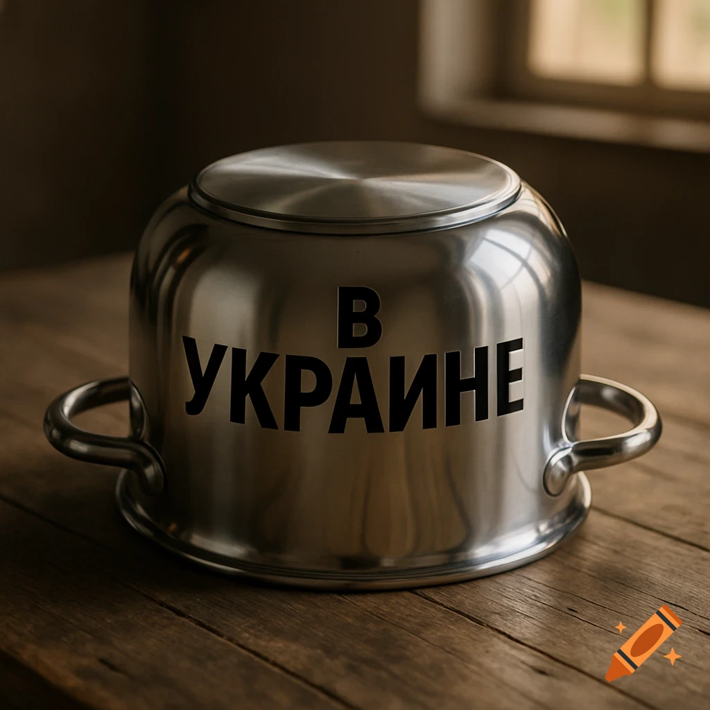 A stainless steel pot turned upside down on a wooden table, with "В УКРАИНЕ" written in black letters on its side.