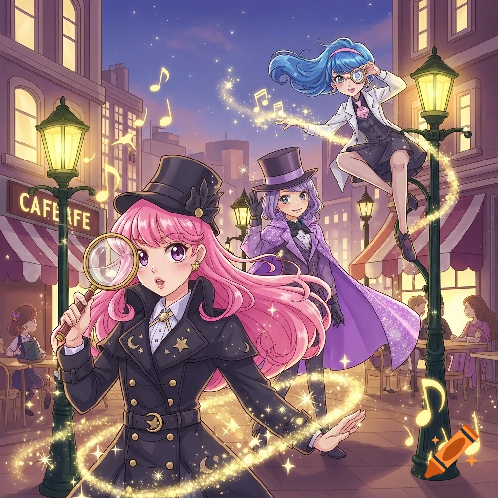 Three anime-style magical girls, dressed in detective-themed outfits with magic sparkles and musical notes, on a city street at dusk.