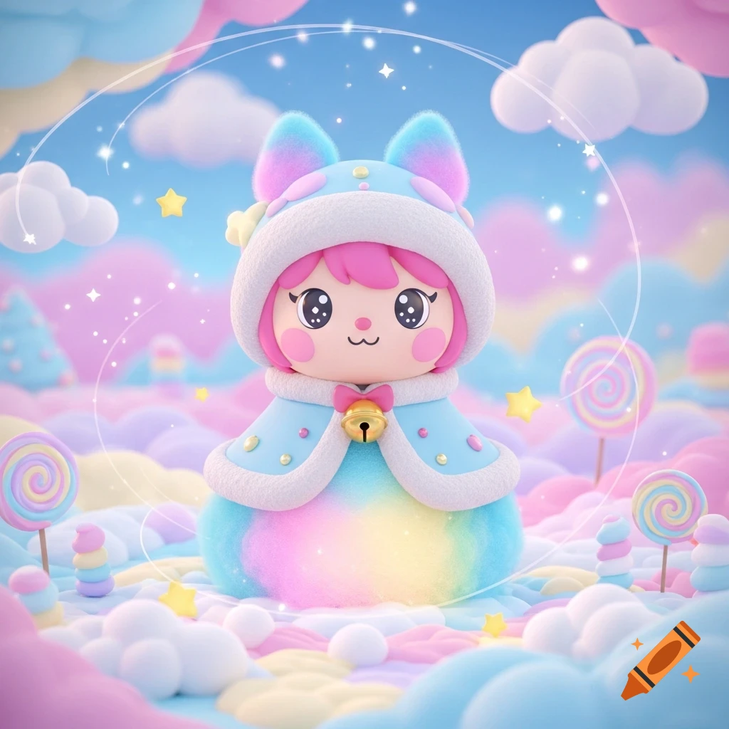 A cute 3D character with pink hair in a blue hooded coat with cat ears and a bell, surrounded by pastel cotton candy, lollipops, and stars.