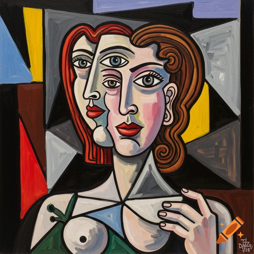 Colorful Cubist painting of a woman's face and upper body, rendered in the distinctive style of Picasso, with fragmented features.