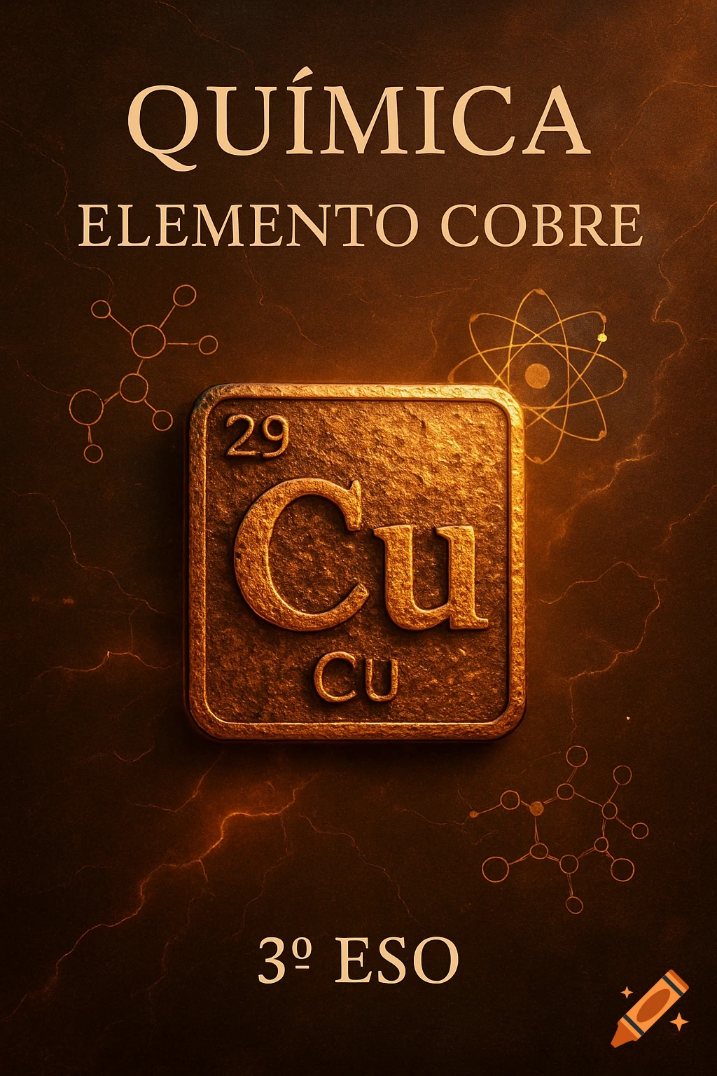 Dark brown chemistry book cover featuring a metallic block for element Copper, 'Cu' and '29', with molecular diagrams.