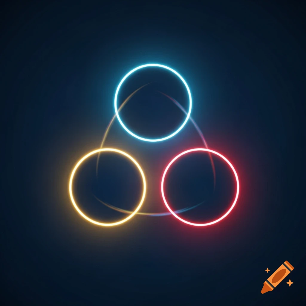 Three glowing neon circles in blue, yellow, and red form a triangle on a dark background.