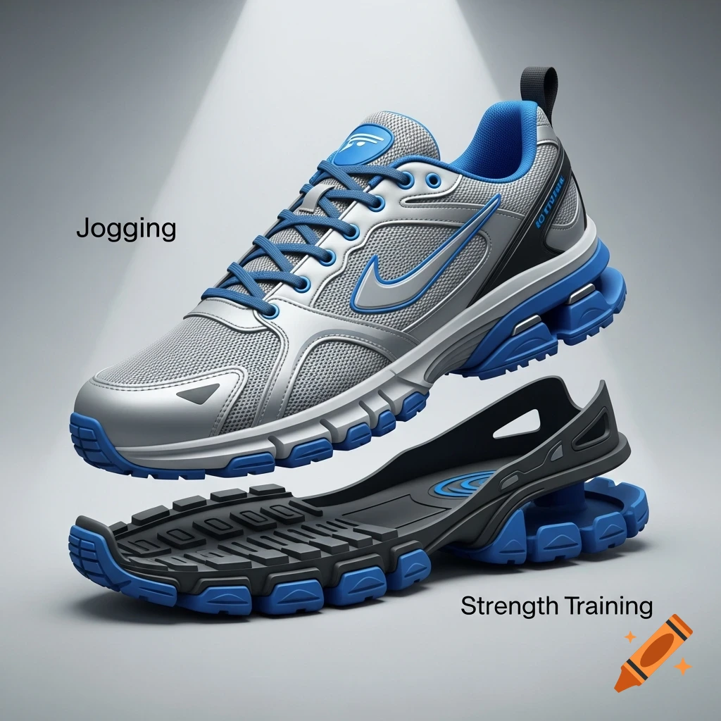 A grey and blue sports shoe with interchangeable soles for jogging and strength training, shown in two parts.