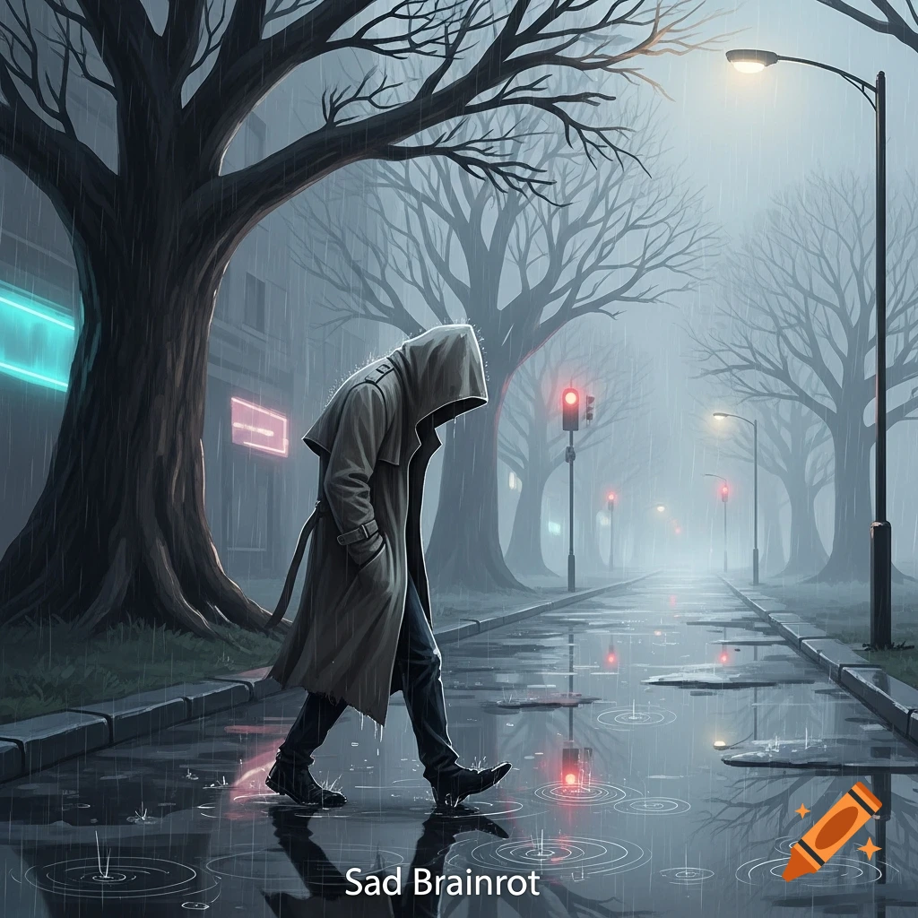 A hooded figure walks down a rainy street at night, reflected in puddles under bare trees and streetlights. Digital art.