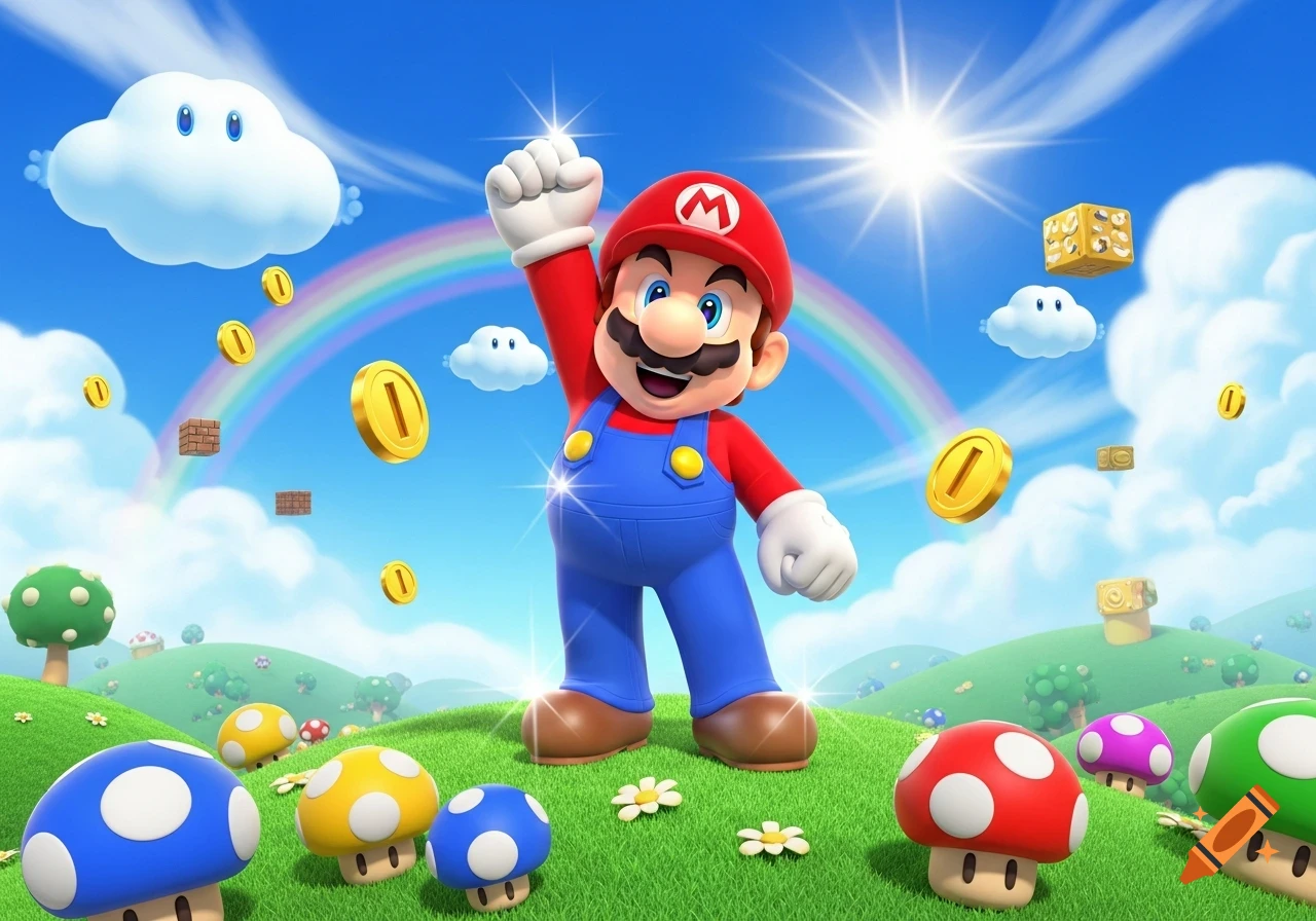Mario in his classic red and blue outfit with a pumped fist, jumping in a vibrant, sunny landscape with mushrooms, coins, and a rainbow.