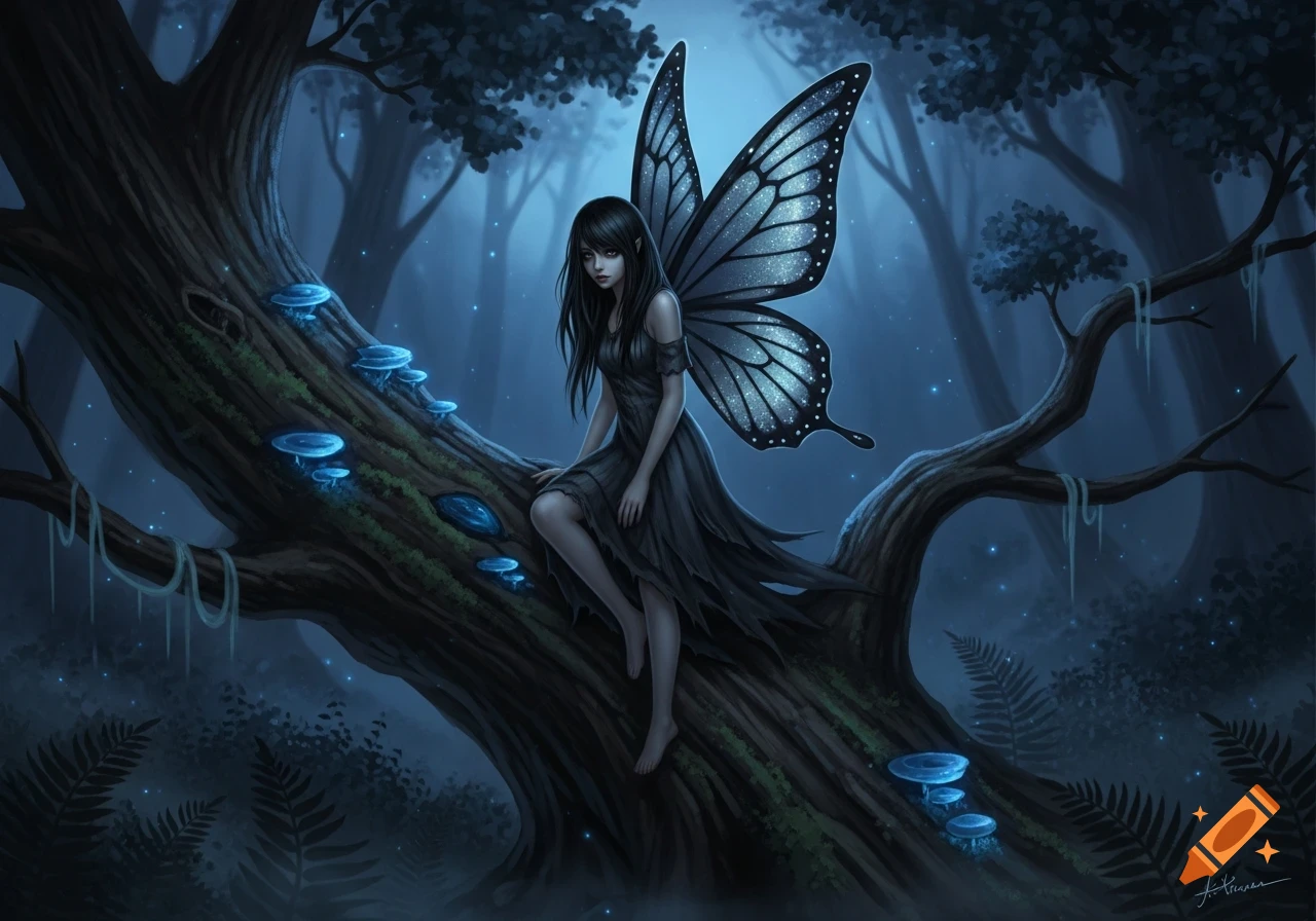 A dark-haired fairy with shimmering butterfly wings sits on a mossy tree trunk in a magical, blue-lit forest with glowing mushrooms.