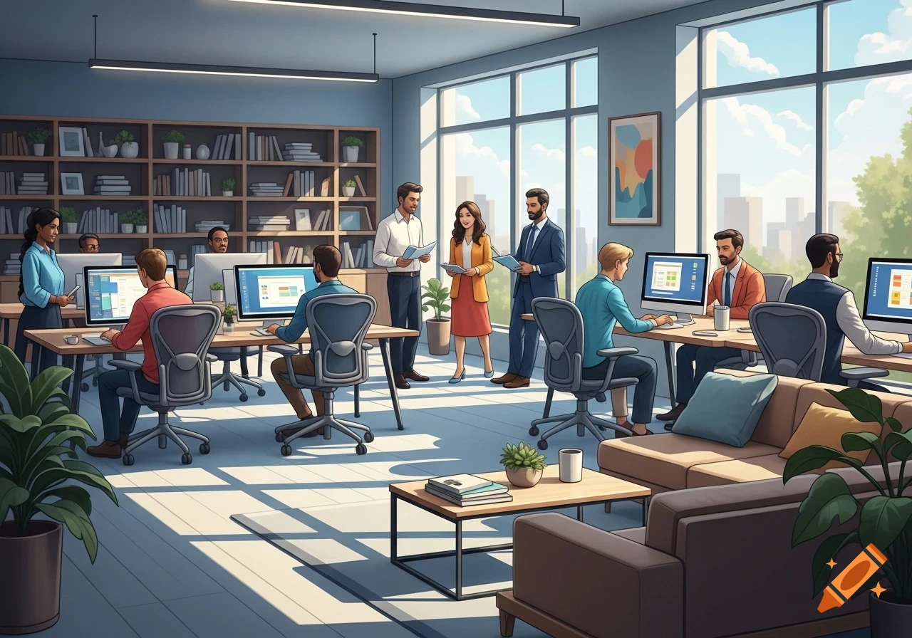A diverse group of people working and collaborating in a bright, modern office with computers, bookshelves, and a lounge area, in a clean illustrated style.