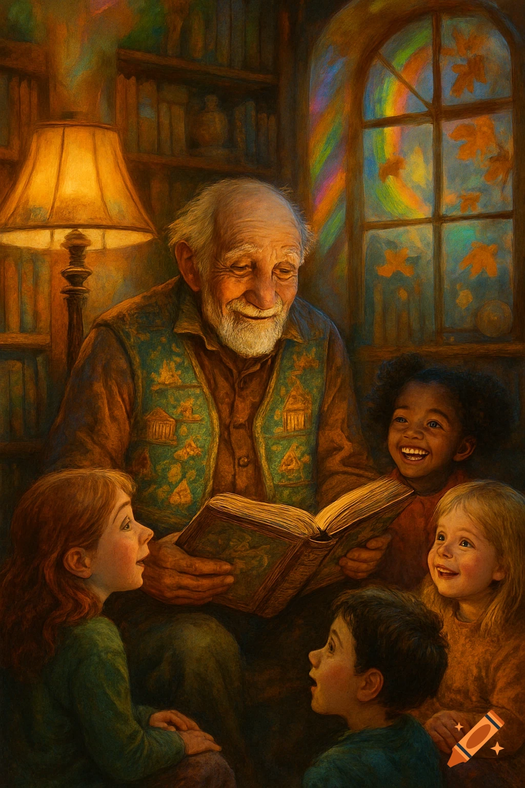 An old man with a white beard reads a storybook to four smiling children in a warm, painterly scene with a rainbow window.