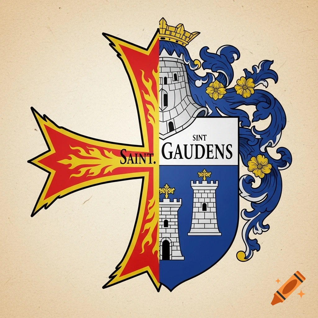 A heraldic emblem combining a red and gold Occitan cross with a blue and white shield featuring towers and text.