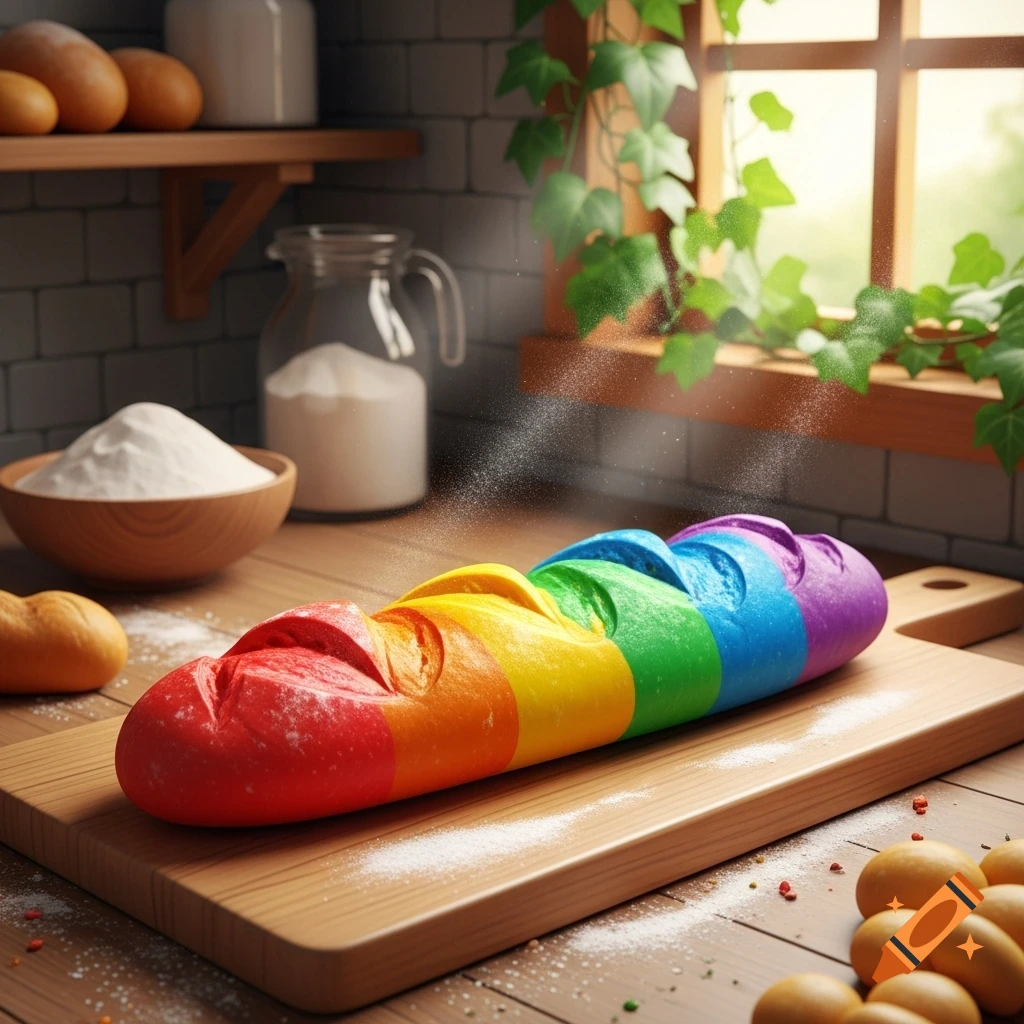A vibrant rainbow-colored baguette sits on a wooden cutting board, dusted with flour, in a sunlit kitchen.