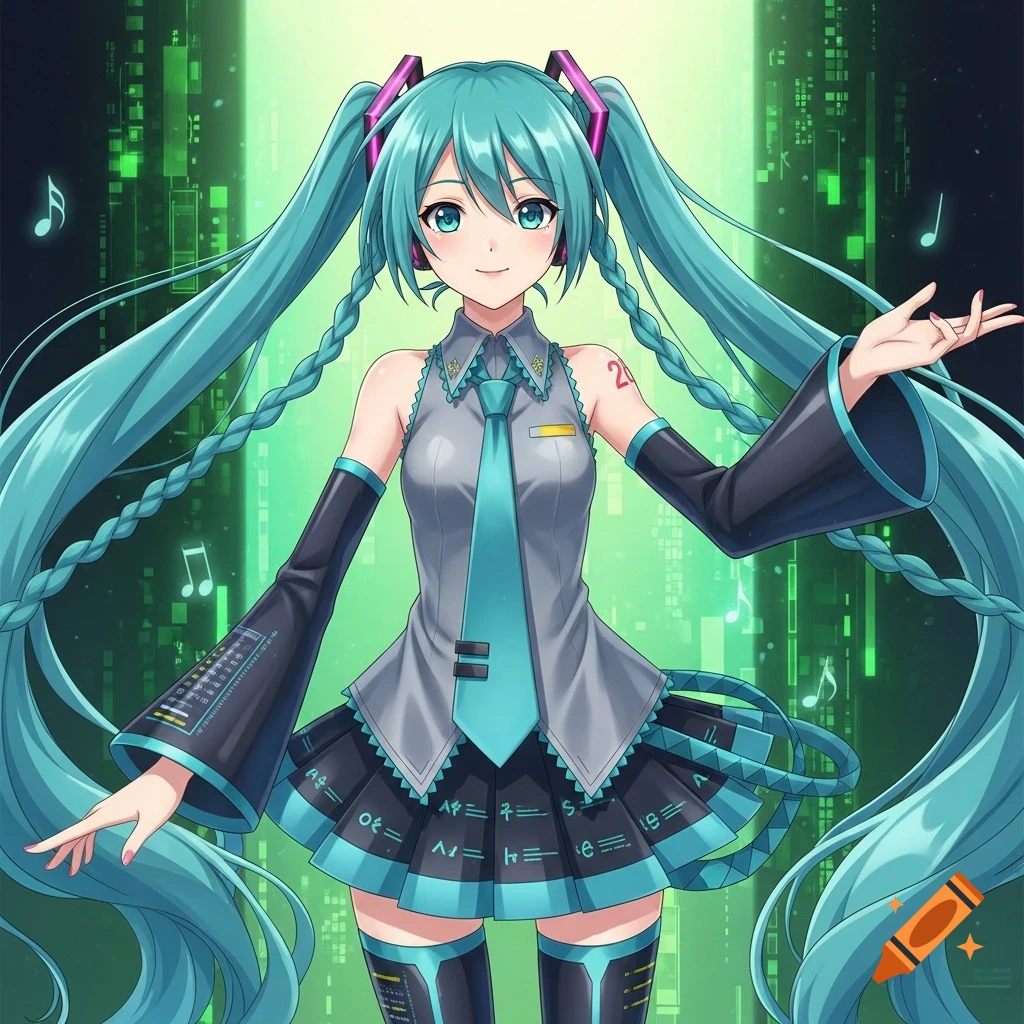 Hatsune Miku with long aqua pigtails, some braided, in a grey and aqua outfit, smiling against a green digital background with music notes.