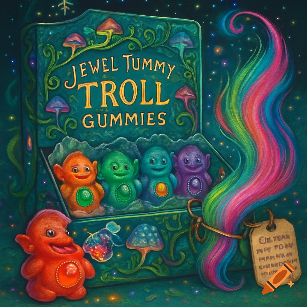 A whimsical, colorful box of "Jewel Tummy Troll Gummies" with troll-shaped candies and a rainbow hair strand.
