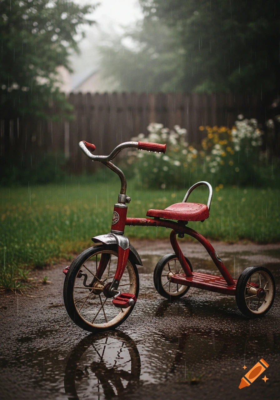 A rusty red tricycle stands on a wet, muddy path in a rainy backyard with a wooden fence and greenery in the background.