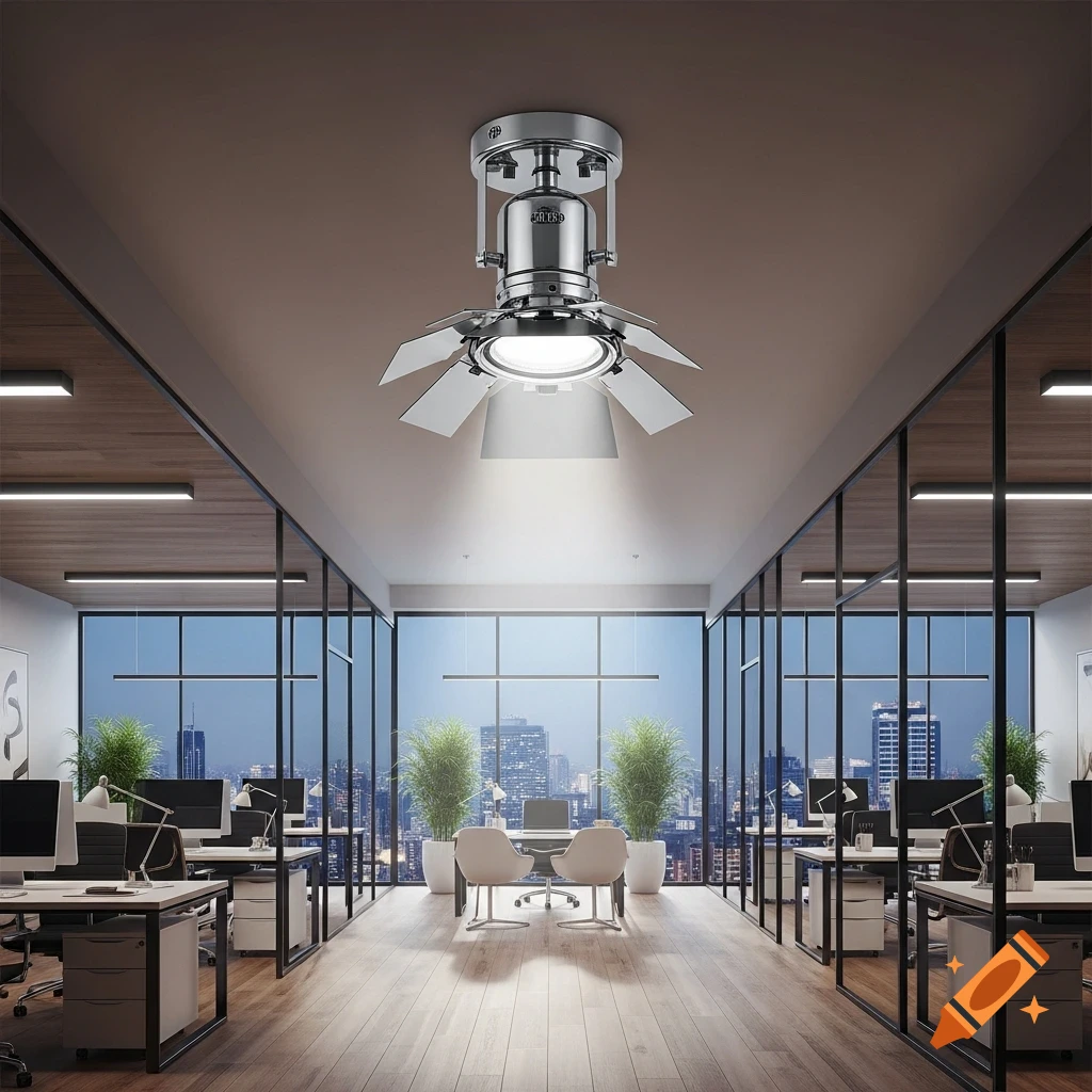 A modern office interior with a large, bright spotlight on the ceiling and city views outside.