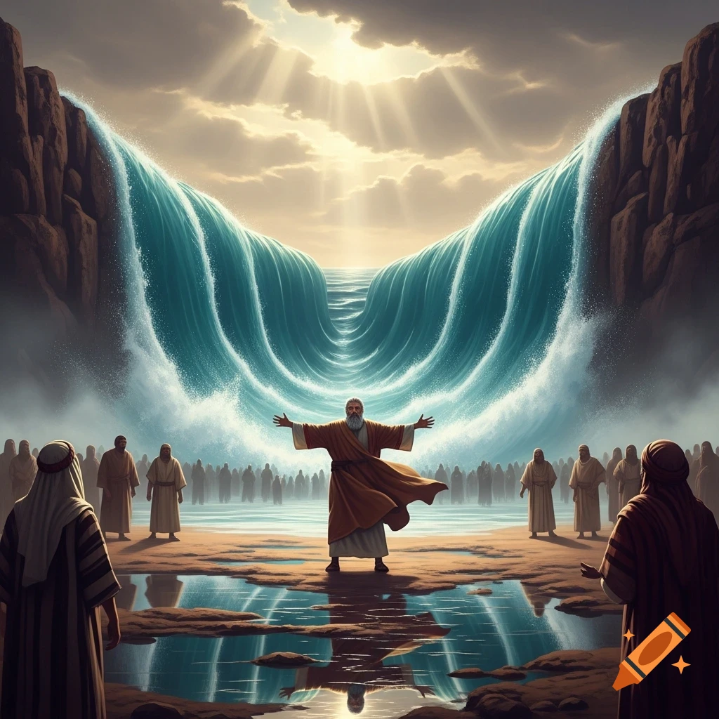 Moses stands with arms outstretched as the Red Sea parts, creating towering walls of water and revealing a dry path for people to cross.