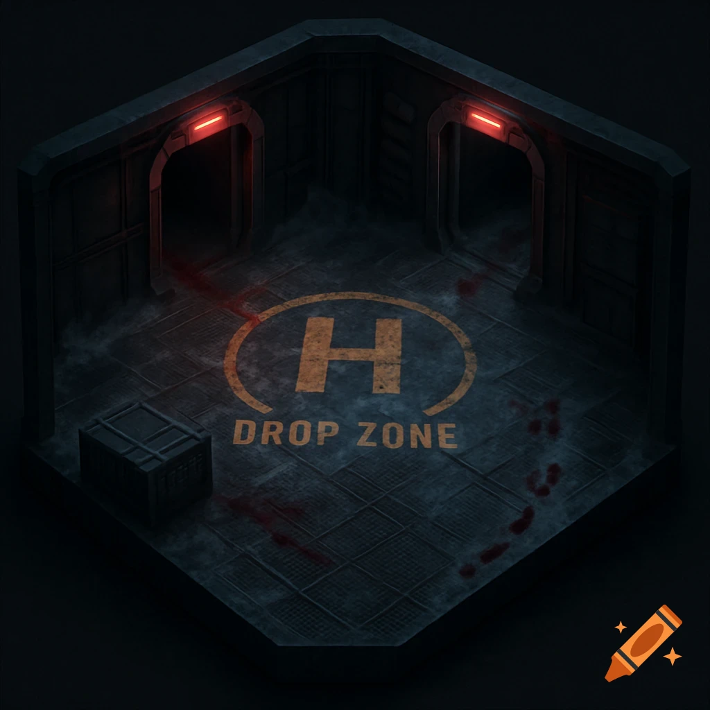 Isometric view of a dark, sci-fi industrial drop zone with red emergency lights, blood trails, and a crate.