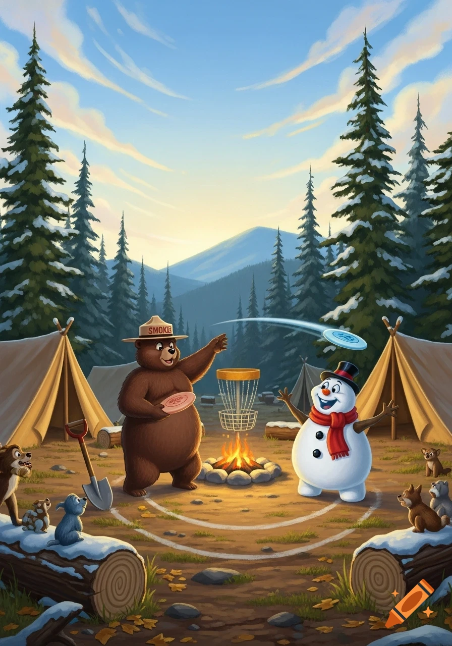 Smokey the Bear and Frosty the Snowman playing disc golf in a snowy forest campsite with tents and a campfire.