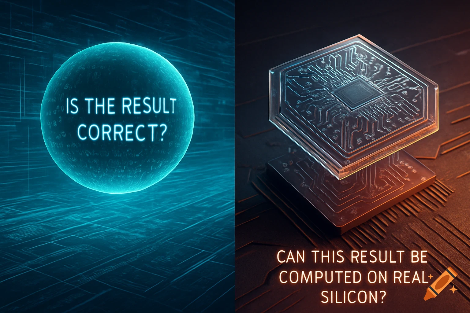 A split image; left side shows a glowing blue sphere with "IS THE RESULT CORRECT?" right side shows a translucent circuit board with "CAN THIS RESULT BE COMPUTED ON REAL SILICON?"