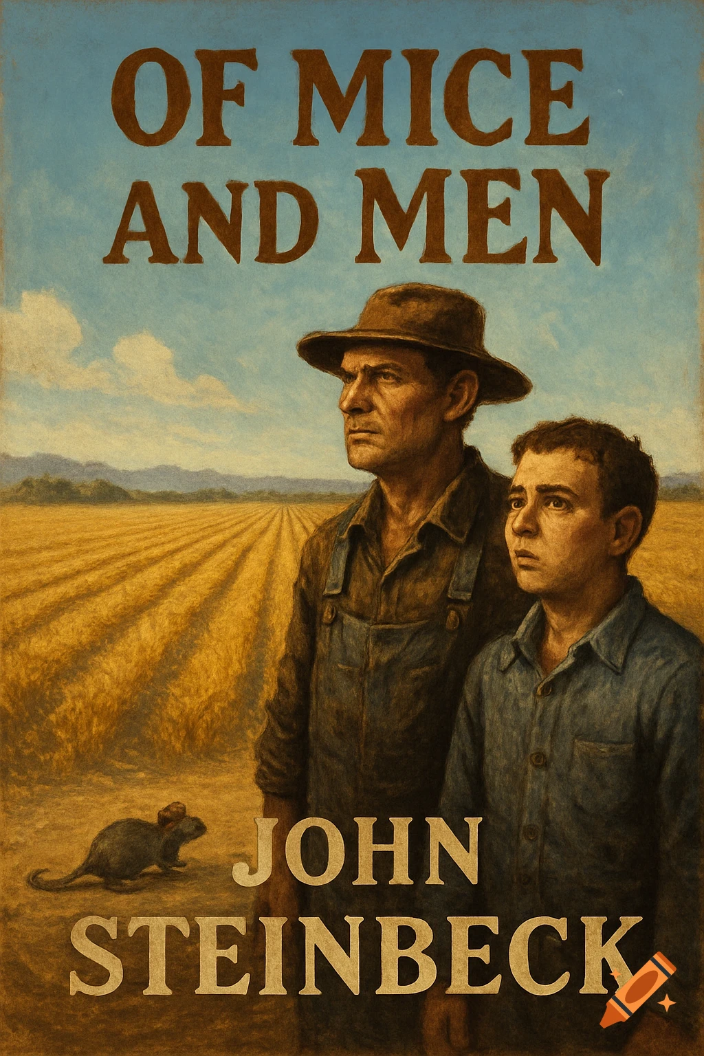 Illustration of the 'Of Mice and Men' book cover, featuring two men and a mouse in a golden field under a blue sky.