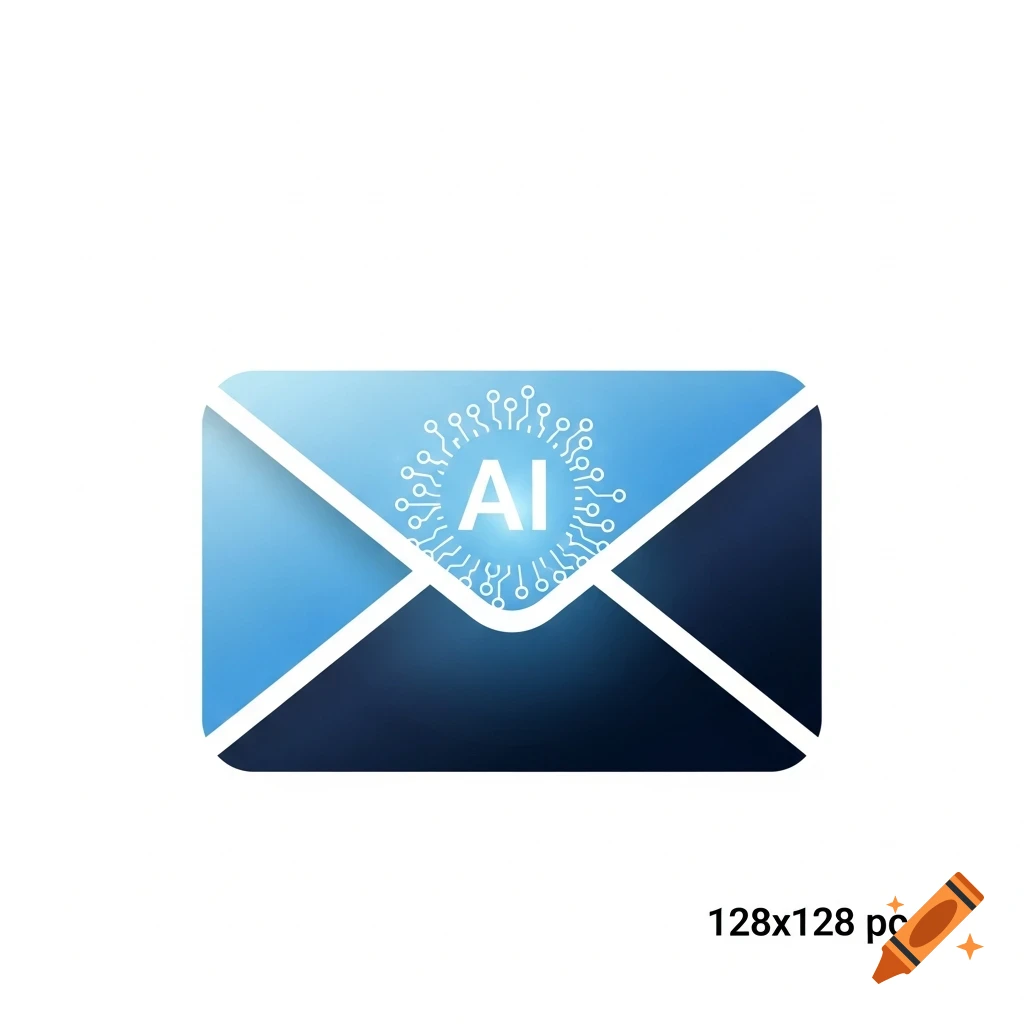 A flat design icon of a blue envelope with a glowing white AI symbol surrounded by circuit patterns on the front flap.