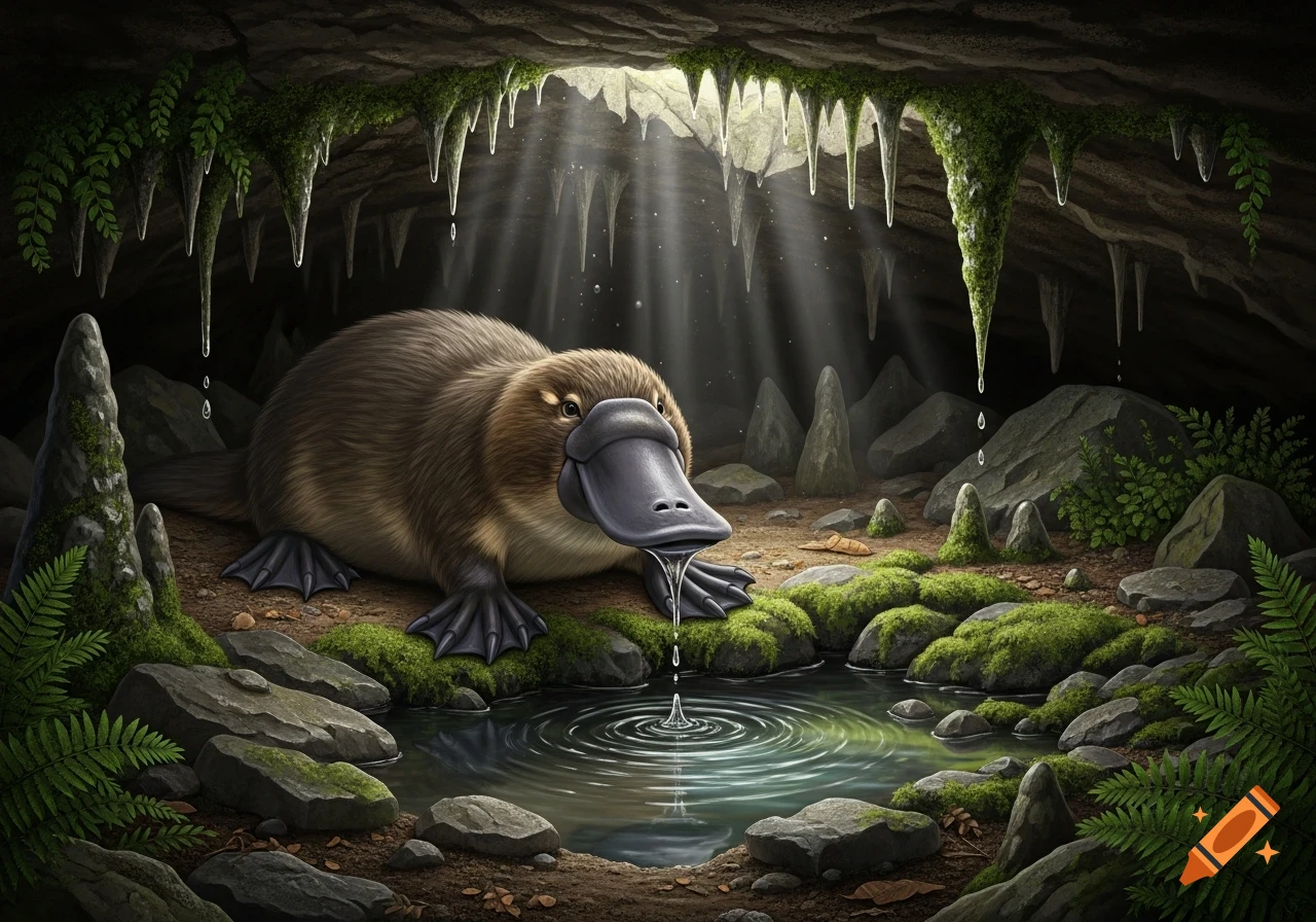 A photorealistic platypus drinks from a clear pool in a mossy cave, with light rays shining through the stalactites.