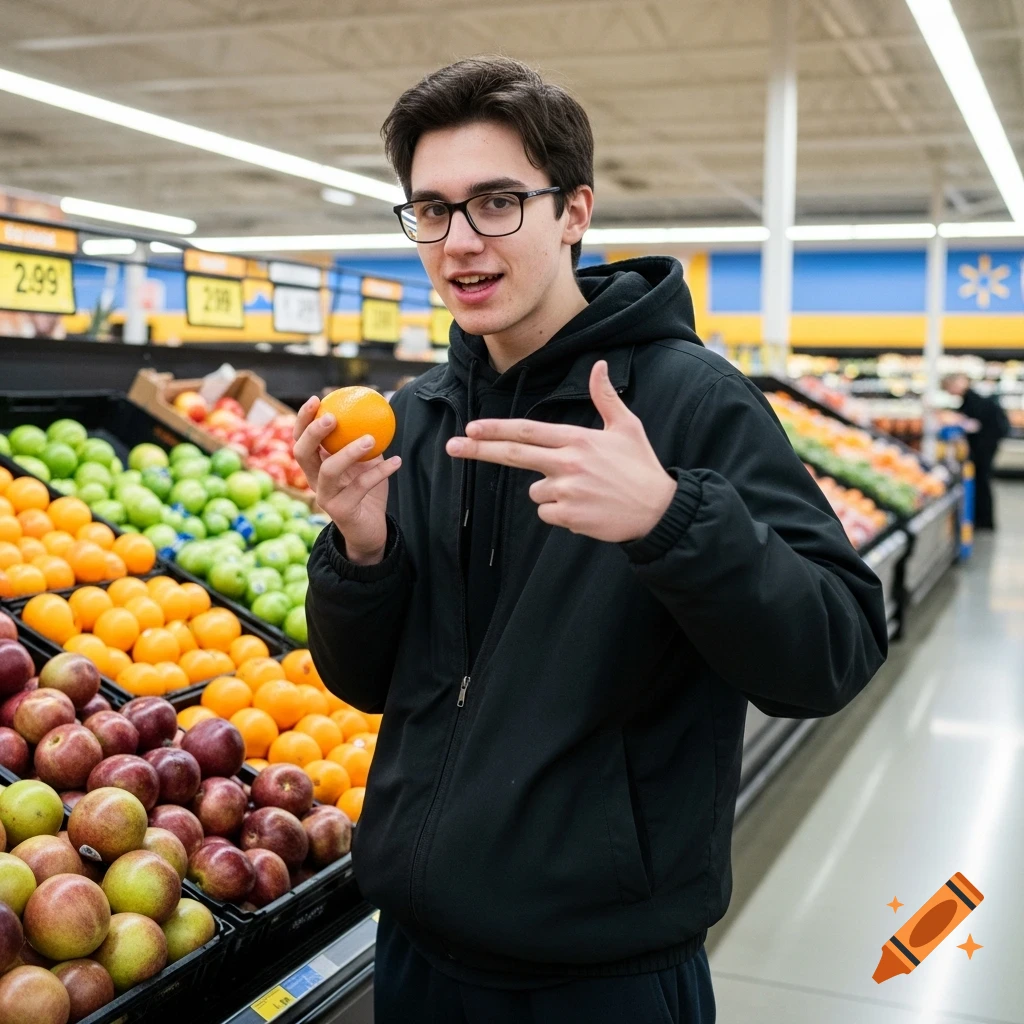Young man in glasses and black jacket holds an orange and makes a finger-gun gesture in a grocery store fruit aisle.