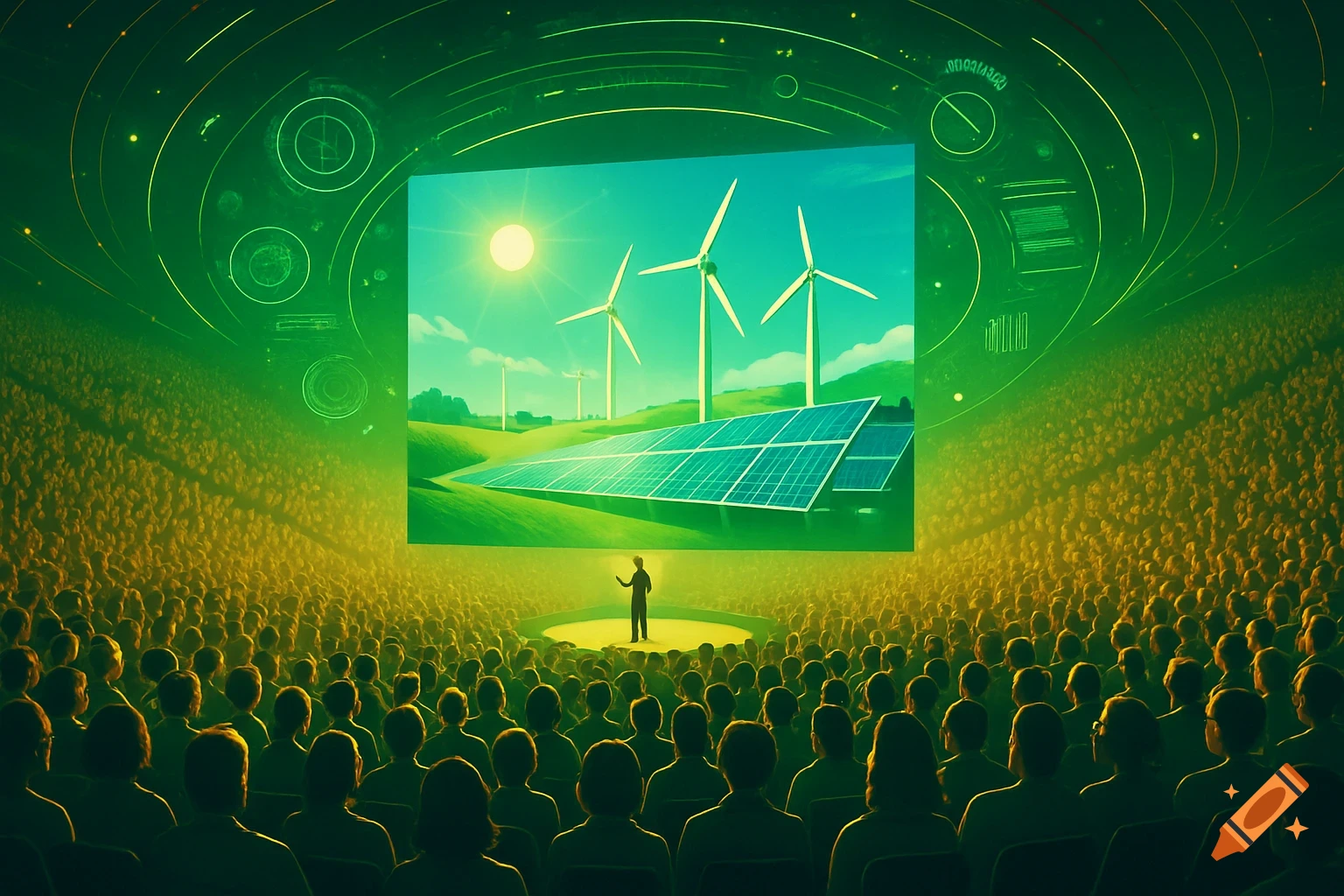 A speaker on a stage addresses a large audience, with a screen showing wind turbines and solar panels. The scene is bathed in green and yellow light.