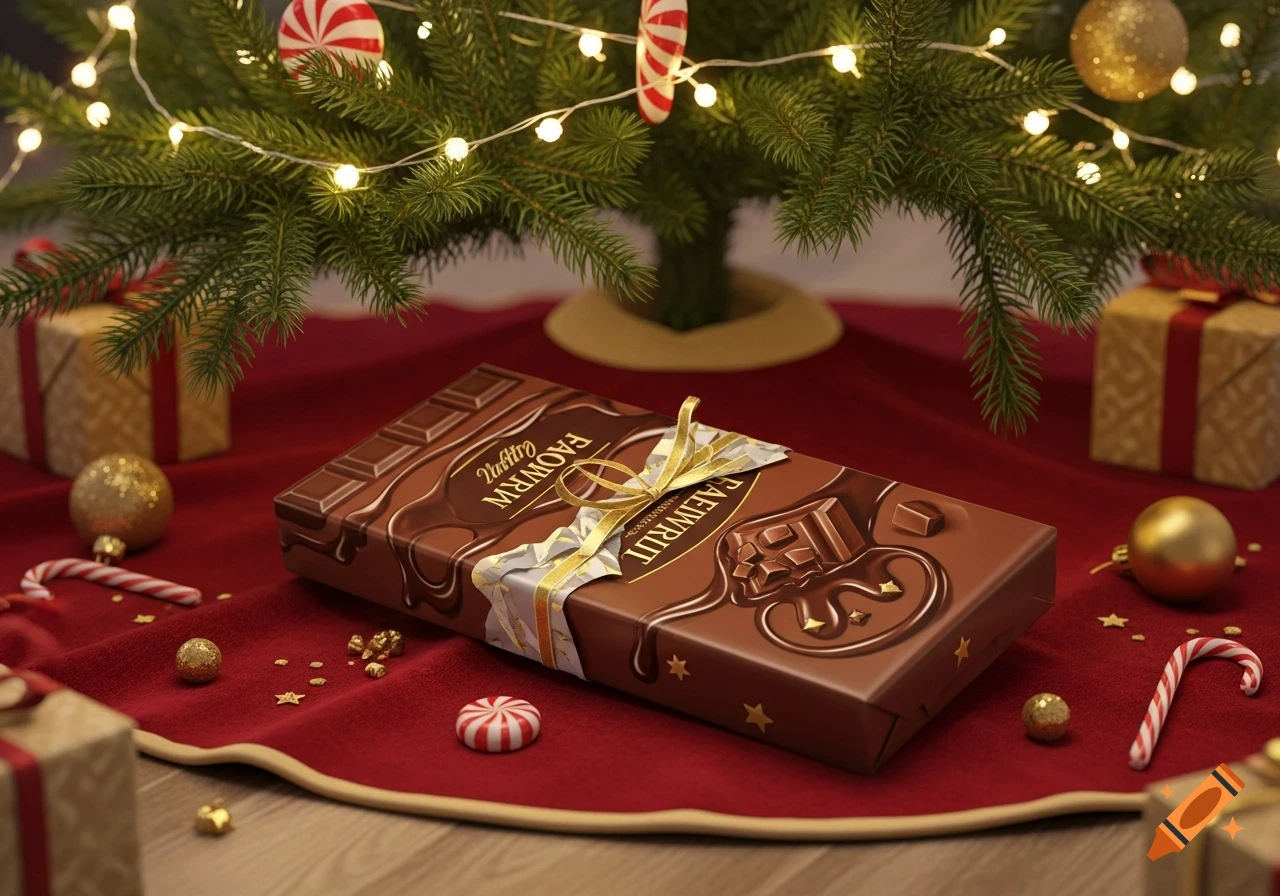 A festive Christmas scene with a decorated tree, a prominent gift wrapped in chocolate bar paper, and other presents with ornaments on a red tree skirt.