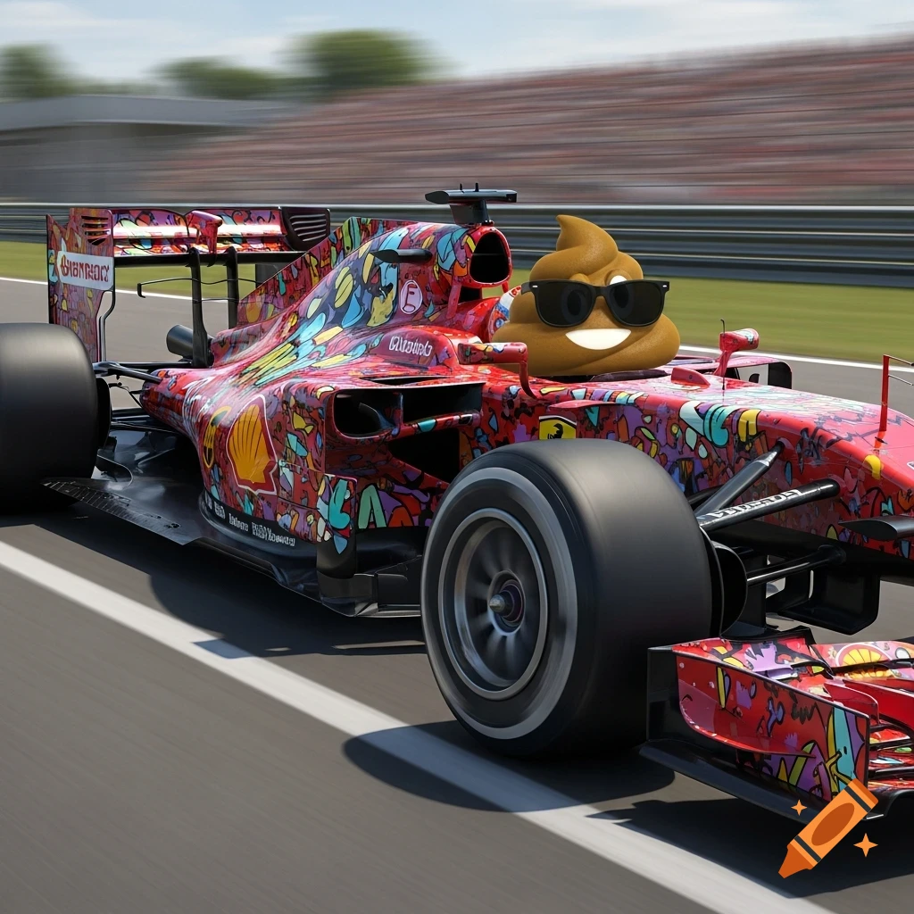 A smiling poop emoji with sunglasses drives a graffiti-covered red Formula 1 race car on a track.