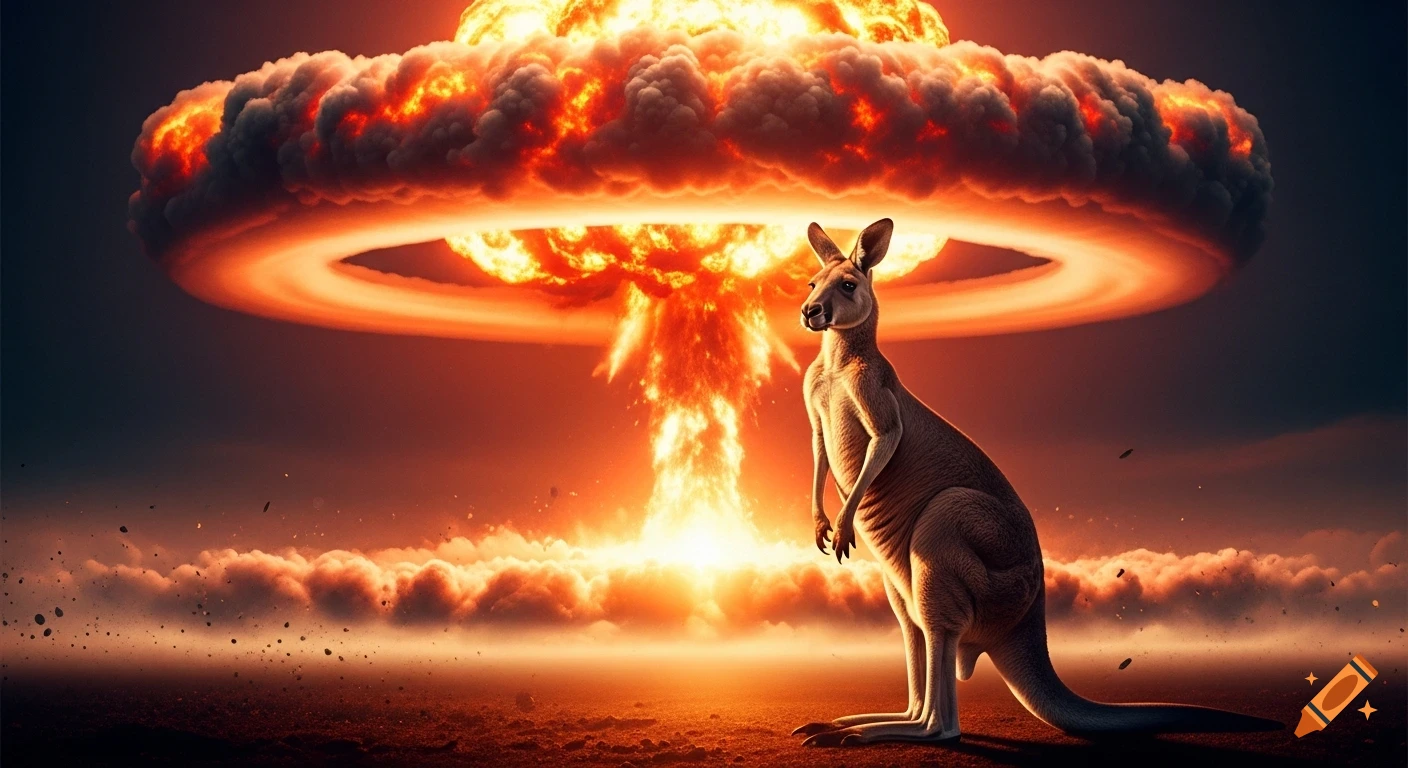 A lone kangaroo stands on desolate ground in front of a gigantic, fiery nuclear explosion mushroom cloud in a cinematic style.