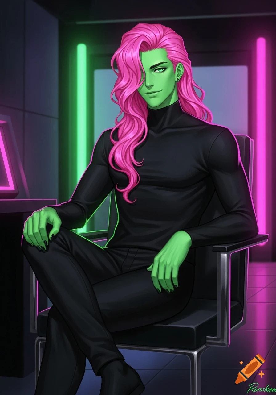 Anime man with neon green skin and long pink hair, wearing black, sitting in a chair under pink and green neon lights.