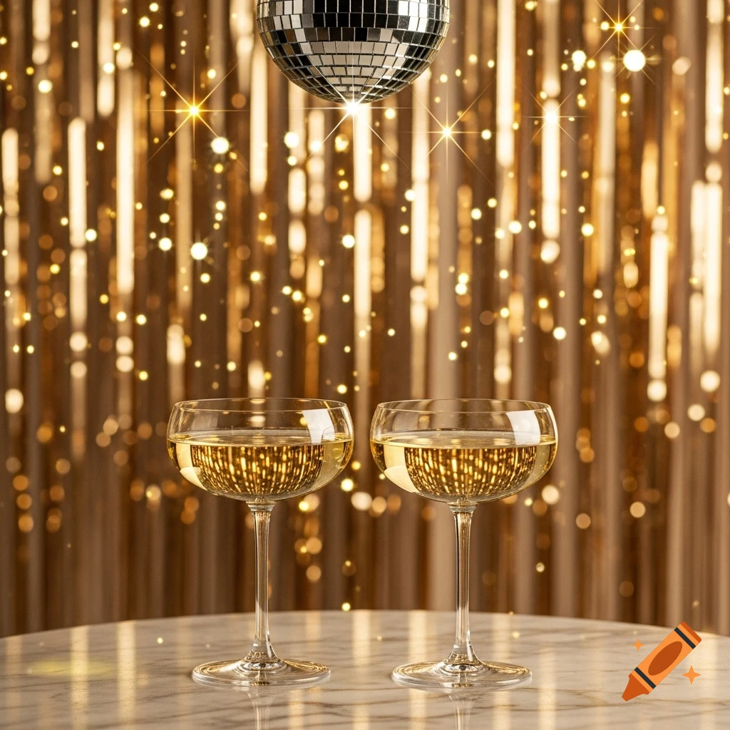 Two champagne coupes on a marble table with a disco ball and golden glitter curtain background. Photorealistic style.