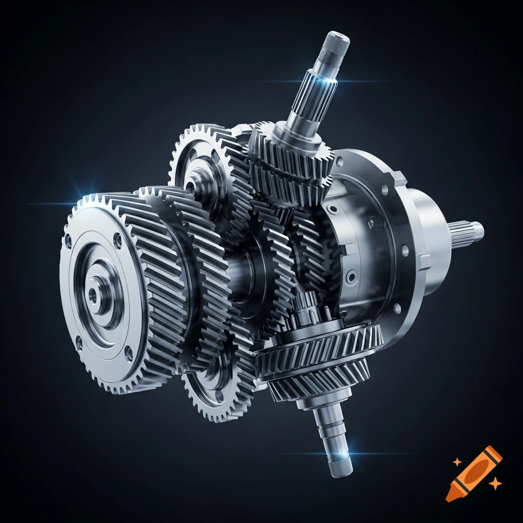 Detailed view of a metallic car drivetrain with gears and shafts, set against a dark background with blue light accents.